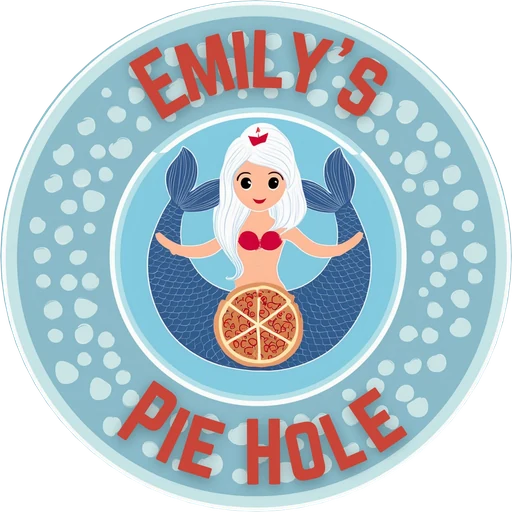 Emily's Pie Hole logo: a white-haired mermaid holding a pizza inside a ring of bubbles